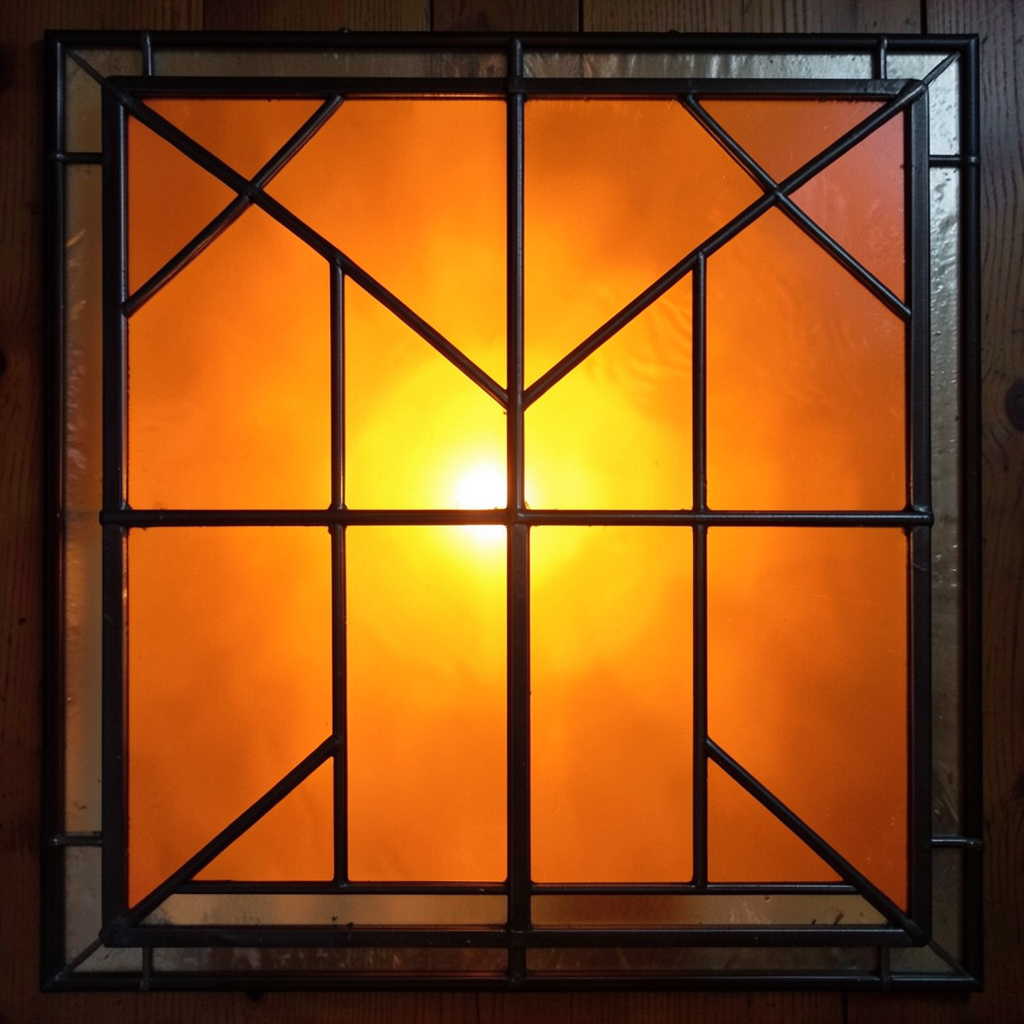 Stained-glass composition in ivory and charcoal, bold leaded borders